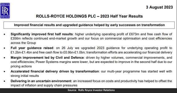 Rolls Royce Half Year Report August 2023